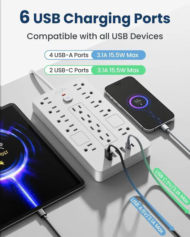 Alt view image 3 of 7 - 6 FT Extension Cord Surge Protector Power Strip, 14 Outlets & 6 USB Ports | 6 Feet Flat Plug extension cord with 14 Outlets&6 USB Ports(2 USB-C), 1850 Joules surge protection ETL Liste