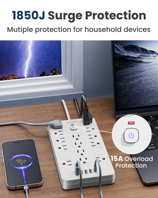 Alt view image 6 of 7 - 6 FT Extension Cord Surge Protector Power Strip, 14 Outlets & 6 USB Ports | 6 Feet Flat Plug extension cord with 14 Outlets&6 USB Ports(2 USB-C), 1850 Joules surge protection ETL Liste