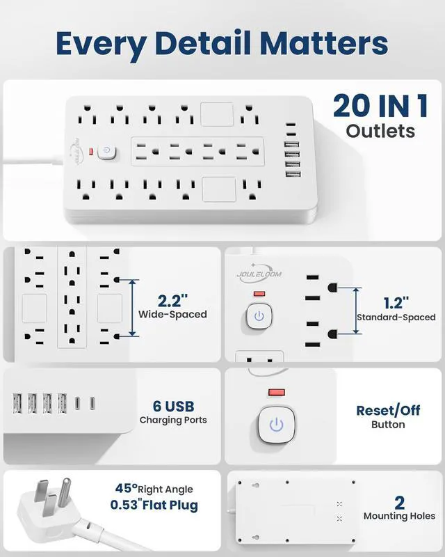 Alt view image 7 of 7 - 6 FT Extension Cord Surge Protector Power Strip, 14 Outlets & 6 USB Ports | 6 Feet Flat Plug extension cord with 14 Outlets&6 USB Ports(2 USB-C), 1850 Joules surge protection ETL Liste