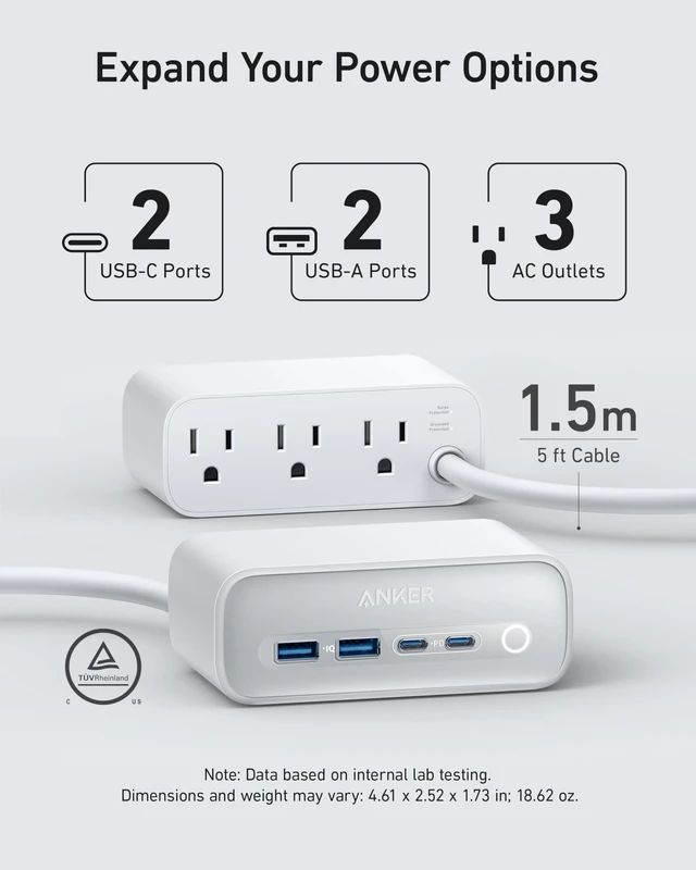Alt view image 2 of 6 - 525 Charging Station, 7-in-1 USB C Power Strip, 65W Max | 5ft Extension Cord with 3AC, 2USB A, 2USB C, for iphone13/14, Power Delivery Desktop Accessory for MacBook Pro, Home, Office