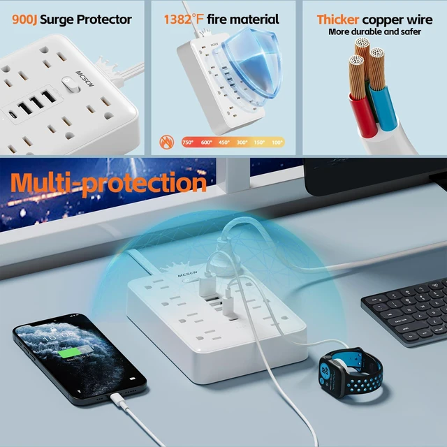 Alt view image 3 of 7 - Power Strip 10ft Cord 8 Outlet 6 USB Surge Protector Flat Plug White | 2 USB-C. 900J surge. 16AWG 10ft cord. UL 62368-1 tested. Flat plug. Wall mount. Spaced outlets. 14-in-1 home office