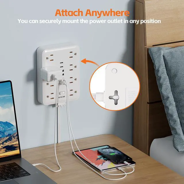 Alt view image 6 of 7 - Power Strip 10ft Cord 8 Outlet 6 USB Surge Protector Flat Plug White | 2 USB-C. 900J surge. 16AWG 10ft cord. UL 62368-1 tested. Flat plug. Wall mount. Spaced outlets. 14-in-1 home office