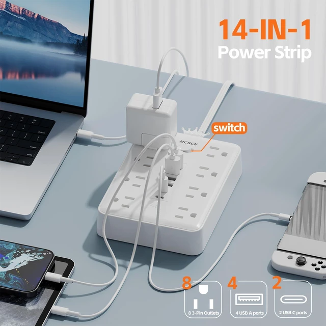 Alt view image 2 of 7 - Power Strip 10ft Cord 8 Outlet 6 USB Surge Protector Flat Plug White | 2 USB-C. 900J surge. 16AWG 10ft cord. UL 62368-1 tested. Flat plug. Wall mount. Spaced outlets. 14-in-1 home office