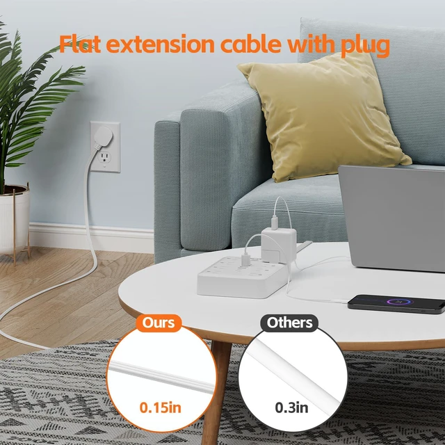 Alt view image 7 of 7 - Power Strip 10ft Cord 8 Outlet 6 USB Surge Protector Flat Plug White | 2 USB-C. 900J surge. 16AWG 10ft cord. UL 62368-1 tested. Flat plug. Wall mount. Spaced outlets. 14-in-1 home office