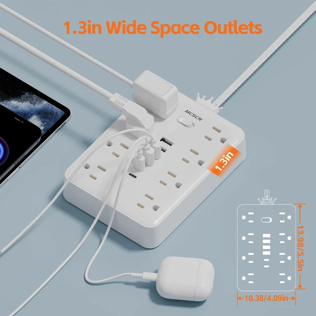 Alt view image 4 of 7 - Power Strip 10ft Cord 8 Outlet 6 USB Surge Protector Flat Plug White | 2 USB-C. 900J surge. 16AWG 10ft cord. UL 62368-1 tested. Flat plug. Wall mount. Spaced outlets. 14-in-1 home office