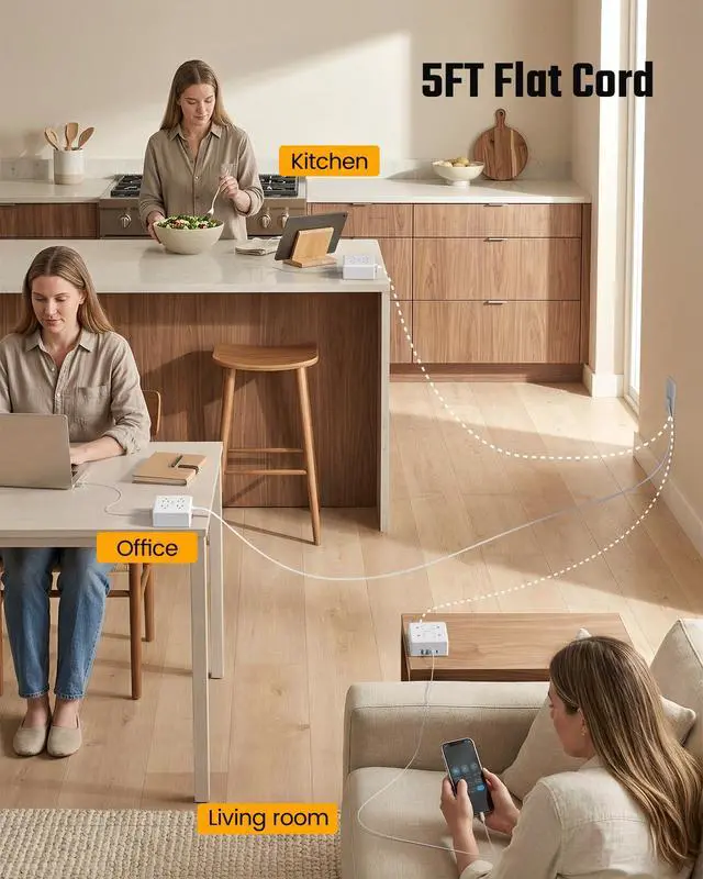 Alt view image 6 of 7 - 5Ft Extension Cord, Flat Plug Power Strip Surge Protector | 900J, 4 Outlets & 4 USB (2 USB-C) Charging Station for Nightstand, Office, College Dorm, Essentials, Hotel, RV, White