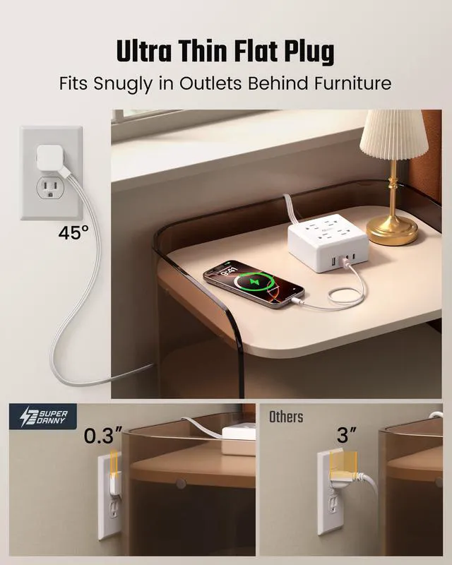 Alt view image 3 of 7 - 5Ft Extension Cord, Flat Plug Power Strip Surge Protector | 900J, 4 Outlets & 4 USB (2 USB-C) Charging Station for Nightstand, Office, College Dorm, Essentials, Hotel, RV, White