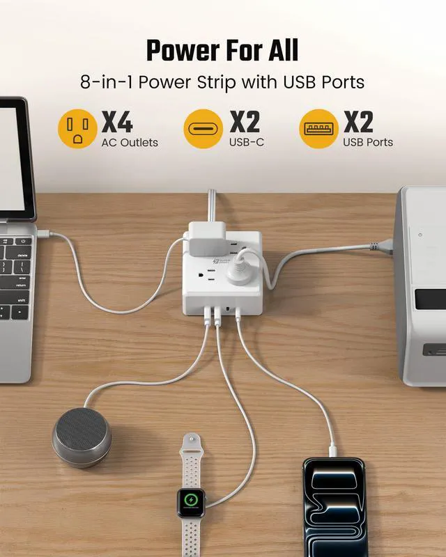 Alt view image 2 of 7 - 5Ft Extension Cord, Flat Plug Power Strip Surge Protector | 900J, 4 Outlets & 4 USB (2 USB-C) Charging Station for Nightstand, Office, College Dorm, Essentials, Hotel, RV, White