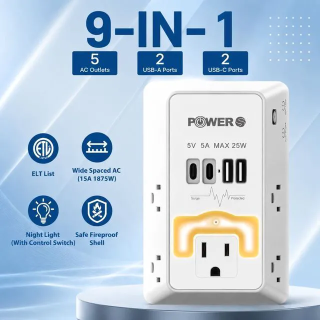 Alt view image 3 of 7 - Snug Multi Plug Wall Outlet with USB Ports (2C2A), Wall Outlet with Night Light, Surge Protector, Wall Plug Adapter for Multiple Devices, Wall Socket Expander