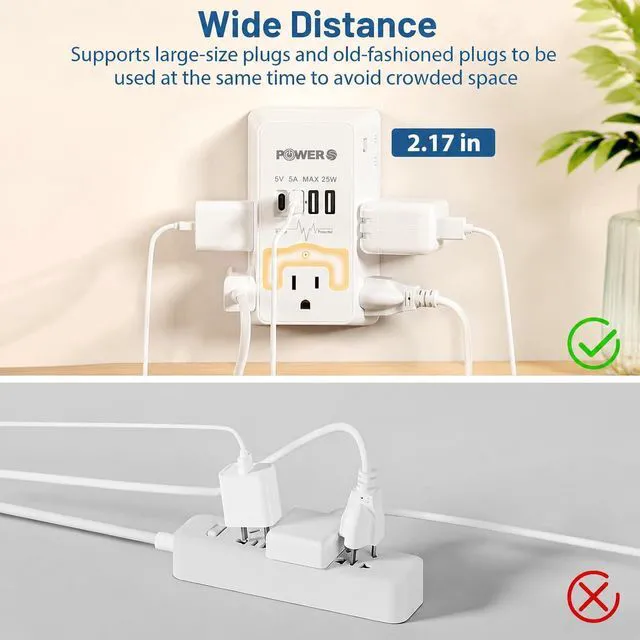 Alt view image 5 of 7 - Snug Multi Plug Wall Outlet with USB Ports (2C2A), Wall Outlet with Night Light, Surge Protector, Wall Plug Adapter for Multiple Devices, Wall Socket Expander