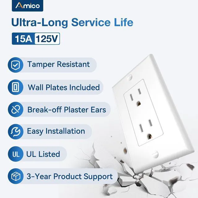 Alt view image 2 of 6 - 1 Pack 15 Amp Tamper Resistant Wall Outlets UL Listed | Decorator Electrical Receptacles with Wall Plates, 125V/1875W Electrical Outlets for Home, Office & Commercial Use, White