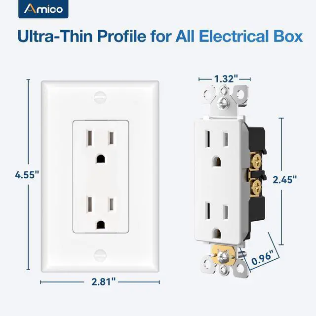 Alt view image 5 of 6 - 1 Pack 15 Amp Tamper Resistant Wall Outlets UL Listed | Decorator Electrical Receptacles with Wall Plates, 125V/1875W Electrical Outlets for Home, Office & Commercial Use, White