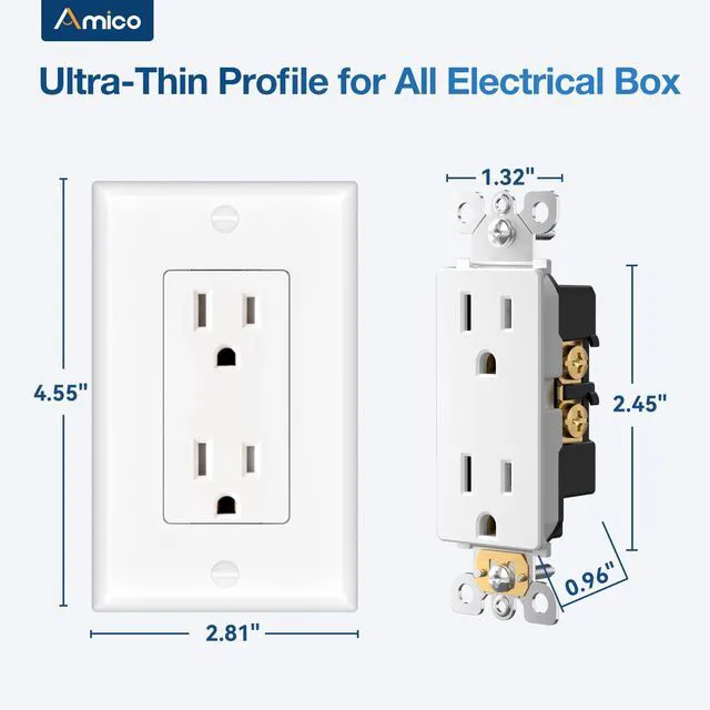 Alt view image 6 of 7 - 30 Pack 15 Amp Standard Electrical Outlets UL Listed | Tamper Resistant 2-Pole 3-Wire NEMA 5-15R Wall Outlets with Screw Wall Plates, For Residential & Commercial Use, White
