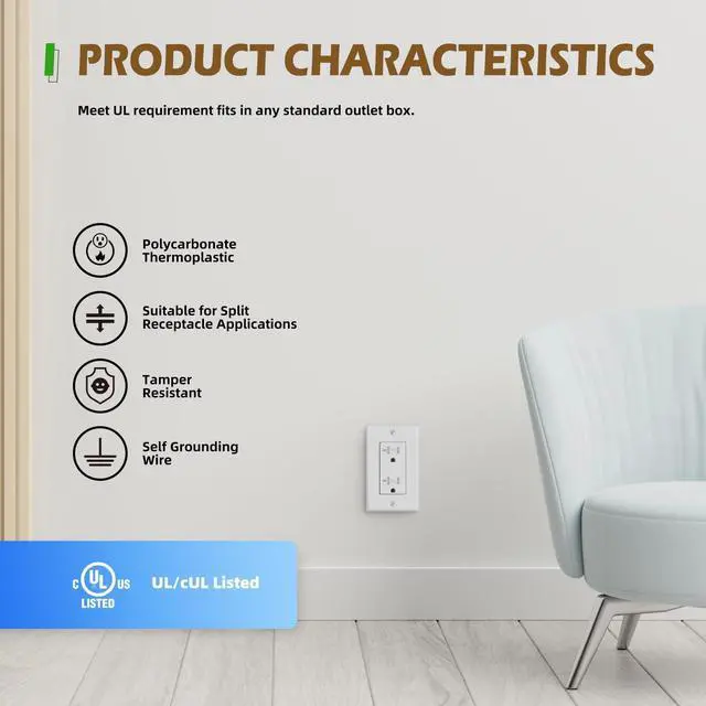 Alt view image 2 of 7 - 10Pack Decorator Receptacle Outlet, 20A Tamper-Resistant Electrical Wall Socket, Residential Grade, Self-Grounding, 2-Pole 3-Wire, Wall Plate Included, UL Listed, White