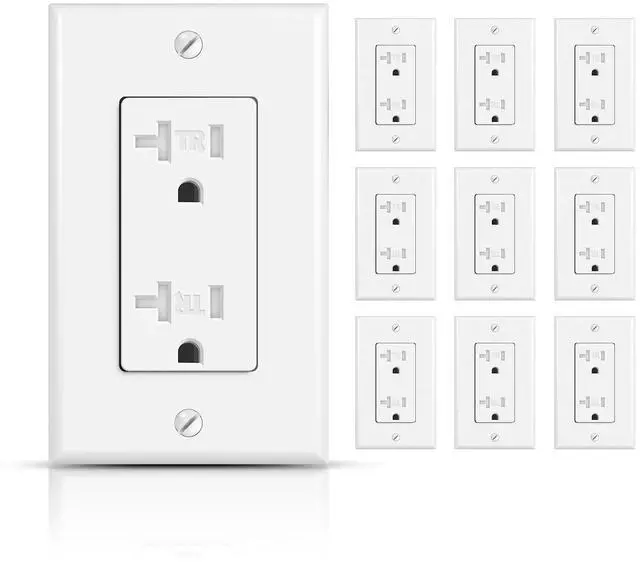 Main image of 10Pack Decorator Receptacle Outlet, 20A Tamper-Resistant Electrical Wall Socket, Residential Grade, Self-Grounding, 2-Pole 3-Wire, Wall Plate Included, UL Listed, White