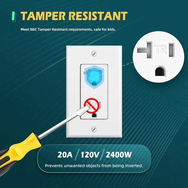 Alt view image 3 of 7 - 10Pack Decorator Receptacle Outlet, 20A Tamper-Resistant Electrical Wall Socket, Residential Grade, Self-Grounding, 2-Pole 3-Wire, Wall Plate Included, UL Listed, White