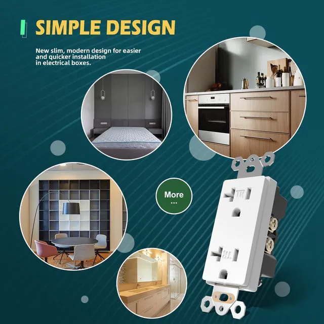 Alt view image 5 of 7 - 10Pack Decorator Receptacle Outlet, 20A Tamper-Resistant Electrical Wall Socket, Residential Grade, Self-Grounding, 2-Pole 3-Wire, Wall Plate Included, UL Listed, White