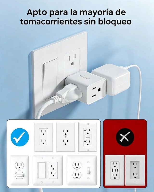 Alt view image 4 of 7 - Multi Plug Wall Outlet Extender 2 Pack, Small Outlet Splitter, White | ETL Listed 3 Way Plug Extender Fit Large Adapter, Multiple Wall Expander for Cruise Travel Home Kitchen Bathroom Tight Space