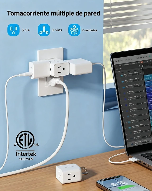 Alt view image 2 of 7 - Multi Plug Wall Outlet Extender 2 Pack, Small Outlet Splitter, White | ETL Listed 3 Way Plug Extender Fit Large Adapter, Multiple Wall Expander for Cruise Travel Home Kitchen Bathroom Tight Space