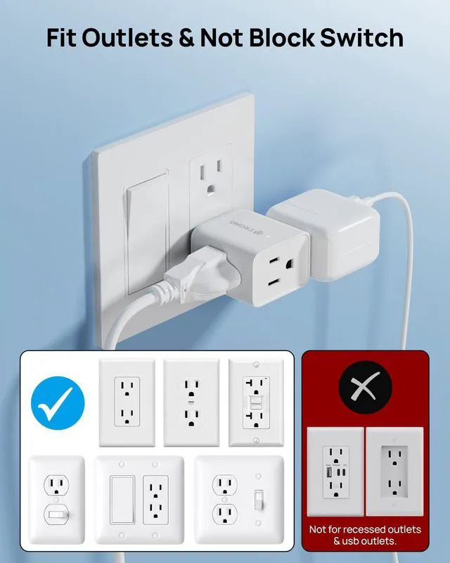 Alt view image 6 of 7 - Multi Plug Wall Outlet Extender 2 Pack, Small Outlet Splitter, White | ETL Listed 3 Way Plug Extender Fit Large Adapter, Multiple Wall Expander for Cruise Travel Home Kitchen Bathroom Tight Space