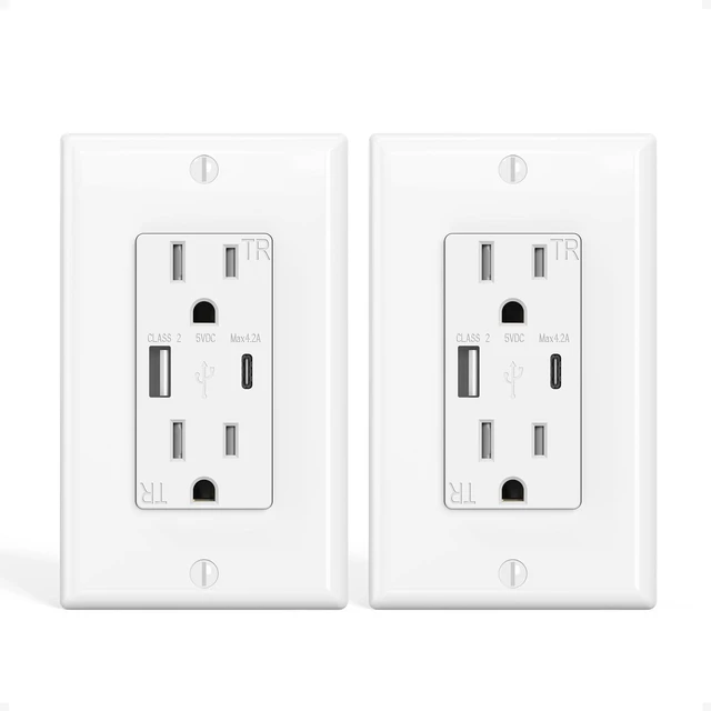 Main image of USB Outlet Plug, ETL Listed, 15A Tamper Resistant Receptacle with USB C Port, 21W Charging Power Electrical Outlet, Wall Plate Included, Decorator Style, 2 Pack, White