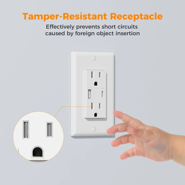 Alt view image 4 of 7 - USB Outlet Plug, ETL Listed, 15A Tamper Resistant Receptacle with USB C Port, 21W Charging Power Electrical Outlet, Wall Plate Included, Decorator Style, 2 Pack, White