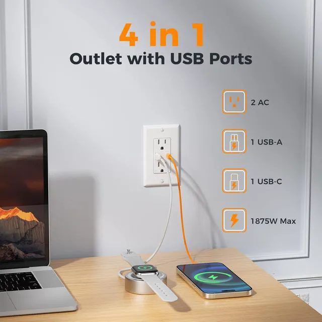 Alt view image 2 of 7 - USB Outlet Plug, ETL Listed, 15A Tamper Resistant Receptacle with USB C Port, 21W Charging Power Electrical Outlet, Wall Plate Included, Decorator Style, 2 Pack, White