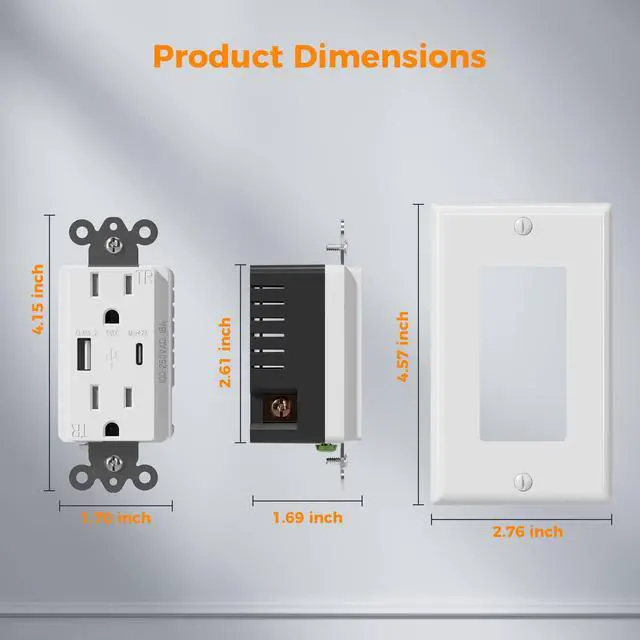 Alt view image 6 of 7 - USB Outlet Plug, ETL Listed, 15A Tamper Resistant Receptacle with USB C Port, 21W Charging Power Electrical Outlet, Wall Plate Included, Decorator Style, 2 Pack, White