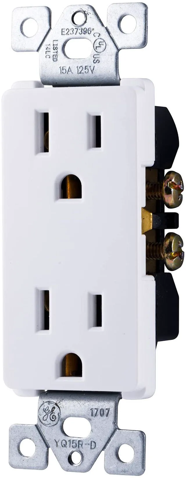 Main image of Duplex Wall Outlet, 2 Grounded Outlets, White, 1 Pack | Sleek Designer Style for Modern Home, Pressure Lock Terminals for Easy Install, Supports 125VAC/15A, Neutral Required