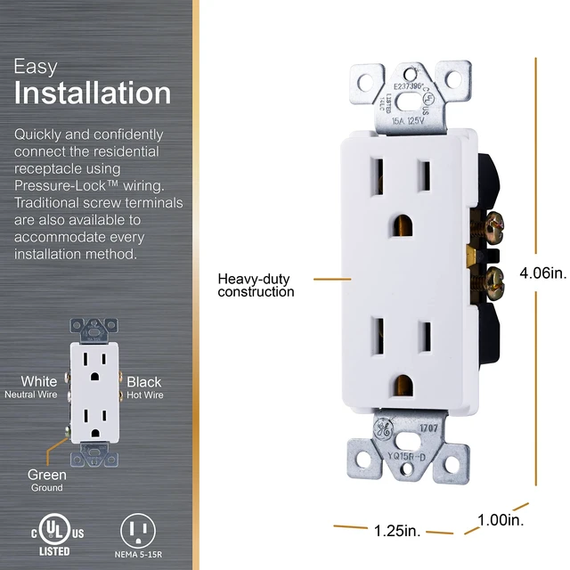 Alt view image 2 of 4 - Duplex Wall Outlet, 2 Grounded Outlets, White, 1 Pack | Sleek Designer Style for Modern Home, Pressure Lock Terminals for Easy Install, Supports 125VAC/15A, Neutral Required