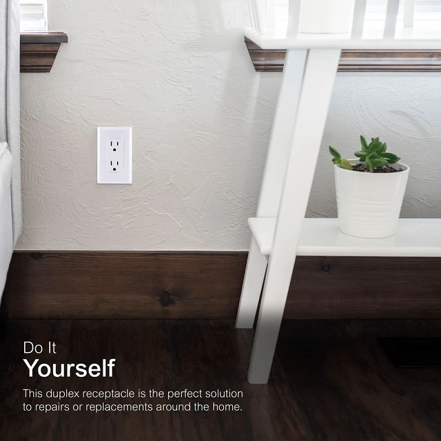 Alt view image 3 of 4 - Duplex Wall Outlet, 2 Grounded Outlets, White, 1 Pack | Sleek Designer Style for Modern Home, Pressure Lock Terminals for Easy Install, Supports 125VAC/15A, Neutral Required