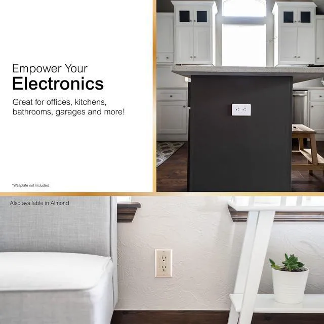 Alt view image 4 of 4 - Duplex Wall Outlet, 2 Grounded Outlets, White, 1 Pack | Sleek Designer Style for Modern Home, Pressure Lock Terminals for Easy Install, Supports 125VAC/15A, Neutral Required