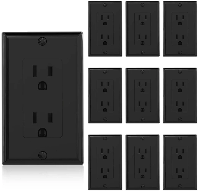 Main image of Decorator Receptacle, 15A 125V Standard Electrical Wall Outlet, 2 Pole 3 Wire, Non-Tamper Resistant, NEMA 5-15R, Self-Grounding Residential Grade, w/Wall Plate, UL (Glossy Black, 10 Pack)