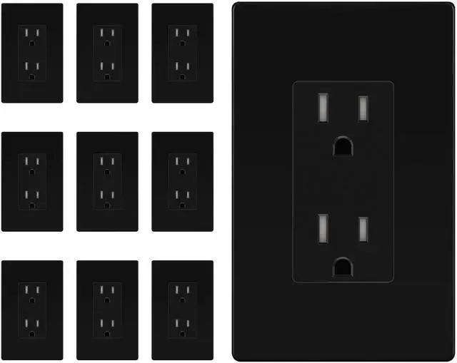 Main image of 10 Pack Decorator Wall Outlet, Tamper Resistant Receptacle 15A 125V | with Screwless Wall Plate, Self-Grounding, UL Listed, Standard Electrical Residential Outlets for Home, Matte Black