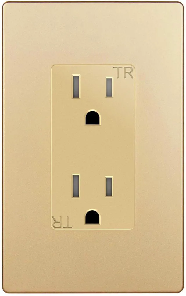 Main image of Decorator Outlet Gold, 15A Standard Electrical Wall Receptacle | with Screwless Wall Plate, Tamper Resistant, UL Listed, Self-Grounding, 5-15R, Elite Series Residential Grade for Home 1 Pack