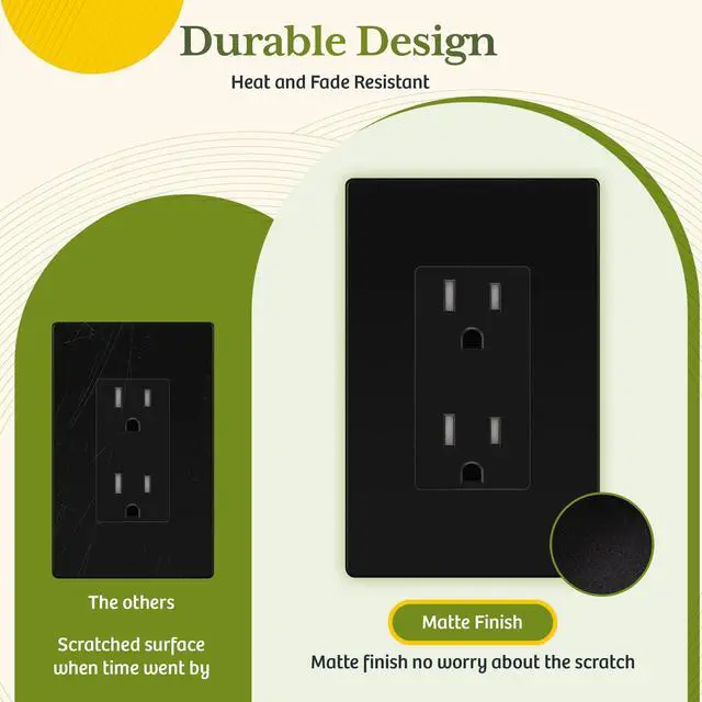 Alt view image 2 of 7 - 10 Pack Decorator Wall Outlet, Tamper Resistant Receptacle 15A 125V | with Screwless Wall Plate, Self-Grounding, UL Listed, Standard Electrical Residential Outlets for Home, Matte Black