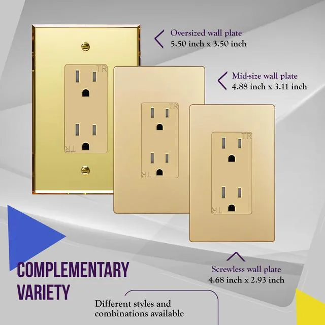 Alt view image 7 of 7 - Decorator Outlet Gold, 15A Standard Electrical Wall Receptacle | with Screwless Wall Plate, Tamper Resistant, UL Listed, Self-Grounding, 5-15R, Elite Series Residential Grade for Home 1 Pack