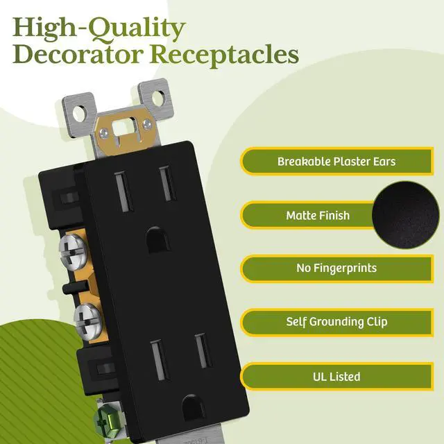 Alt view image 3 of 7 - 10 Pack Decorator Wall Outlet, Tamper Resistant Receptacle 15A 125V | with Screwless Wall Plate, Self-Grounding, UL Listed, Standard Electrical Residential Outlets for Home, Matte Black