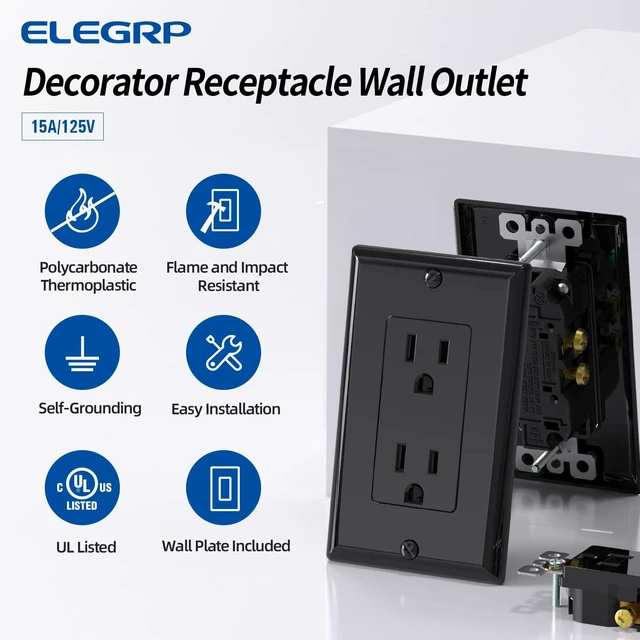 Alt view image 2 of 7 - Decorator Receptacle, 15A 125V Standard Electrical Wall Outlet, 2 Pole 3 Wire, Non-Tamper Resistant, NEMA 5-15R, Self-Grounding Residential Grade, w/Wall Plate, UL (Glossy Black, 10 Pack)