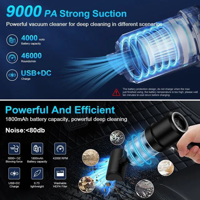 Alt view image 3 of 7 - Handheld Cordless Car Vacuum, 3 in 1 Cleaner & Air Duster Blower & Hand Pump, 9000Pa High Power Mini Portable Dry Vacuum With LED Light for Car, Home, Pet