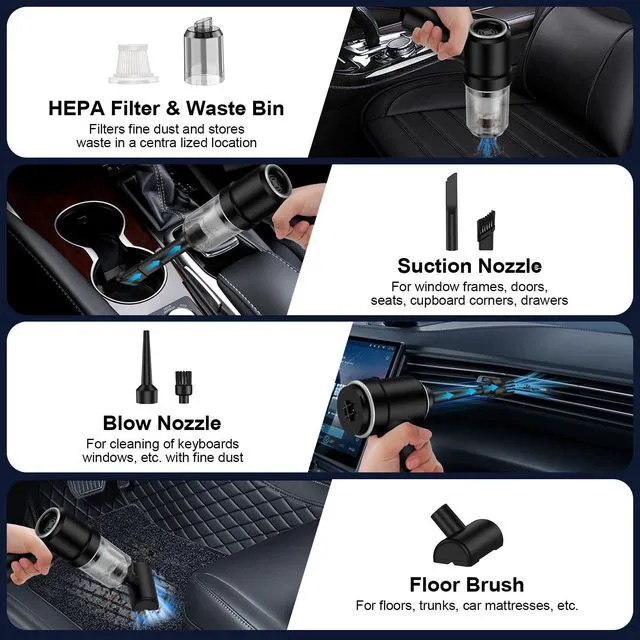 Alt view image 6 of 7 - Handheld Cordless Car Vacuum, 3 in 1 Cleaner & Air Duster Blower & Hand Pump, 9000Pa High Power Mini Portable Dry Vacuum With LED Light for Car, Home, Pet