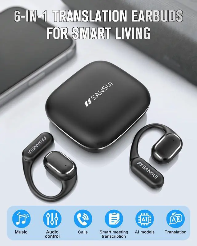 Alt view image 2 of 7 - W12 True Open Ear Earbuds, Lightweight Comfort Hang On Ear Wireless Headphones, 42H Play Bluetooth 6.0 Earphones with Bonus Real-Time AI Translation for Sports Travel Business Learning, Black