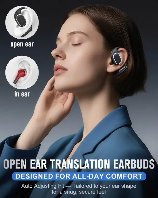 Alt view image 4 of 7 - W12 True Open Ear Earbuds, Lightweight Comfort Hang On Ear Wireless Headphones, 42H Play Bluetooth 6.0 Earphones with Bonus Real-Time AI Translation for Sports Travel Business Learning, Black