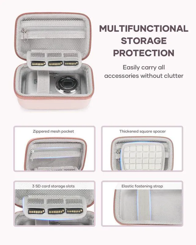 Alt view image 3 of 7 - Digital Camera Travel Case Fit for KODAK PIXPRO FZ45 FZ55 CAMKORY | Compatible With STUOGYUM DC402-AF/Canon IXUS, 3 Built-In SD Card Slots, Stores Camera, Batteries & Memory Cards, Pink