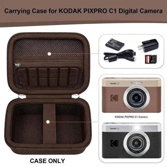 Alt view image 3 of 7 - Case for KODAK PIXPRO C1 Friendly Zoom Digital Camera, Brown | Point and Shoot Vlogging Camera Compact Hard Travel Carrying Bag, Mesh Pocket for Charging Adapter, USB Cable and Batteries