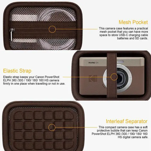 Alt view image 4 of 7 - Case for KODAK PIXPRO C1 Friendly Zoom Digital Camera, Brown | Point and Shoot Vlogging Camera Compact Hard Travel Carrying Bag, Mesh Pocket for Charging Adapter, USB Cable and Batteries