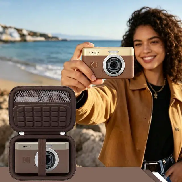 Alt view image 7 of 7 - Case for KODAK PIXPRO C1 Friendly Zoom Digital Camera, Brown | Point and Shoot Vlogging Camera Compact Hard Travel Carrying Bag, Mesh Pocket for Charging Adapter, USB Cable and Batteries
