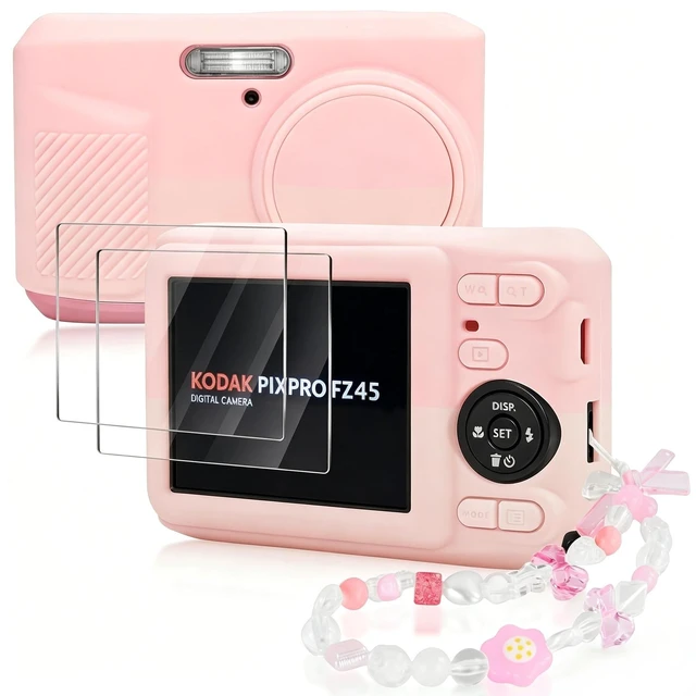 Main image of Camera Case for KODAK PIXPRO FZ45 with 2-Pack Screen Protector | Cute Camera Charm Wrist Strap, Removable Lens Cap Soft Silicone Protective Case for KODAK FZ45 Accessories - Two-tone Pink
