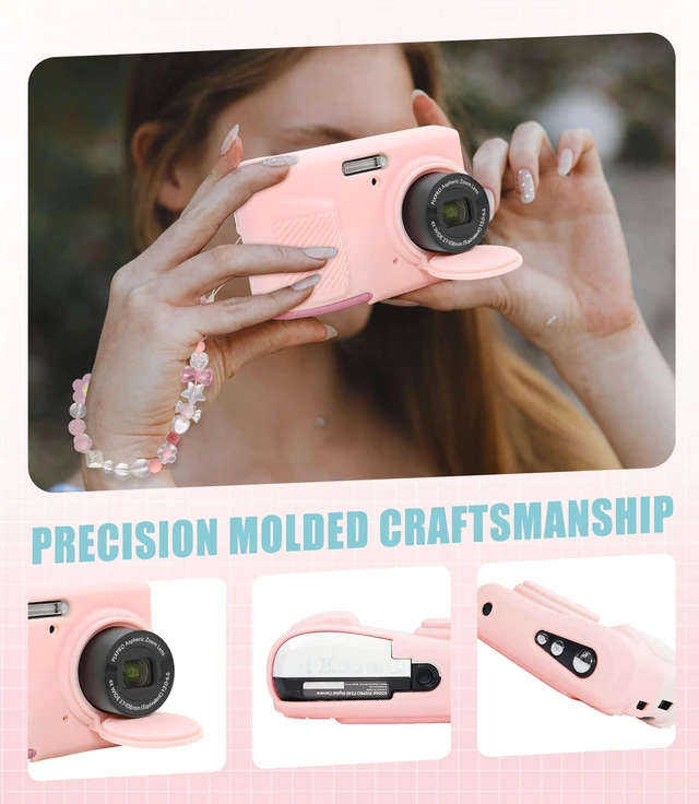Alt view image 6 of 6 - Camera Case for KODAK PIXPRO FZ45 with 2-Pack Screen Protector | Cute Camera Charm Wrist Strap, Removable Lens Cap Soft Silicone Protective Case for KODAK FZ45 Accessories - Two-tone Pink