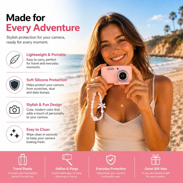 Alt view image 3 of 6 - Case for Kodak Pixpro FZ55 Digital Camera (Smoked Pink) | Soft Silicone Protector Case with 1 Cute Charm Wrist Strap and 2 Screen Protector, Lens Cover for Kodak FZ55 Accessories